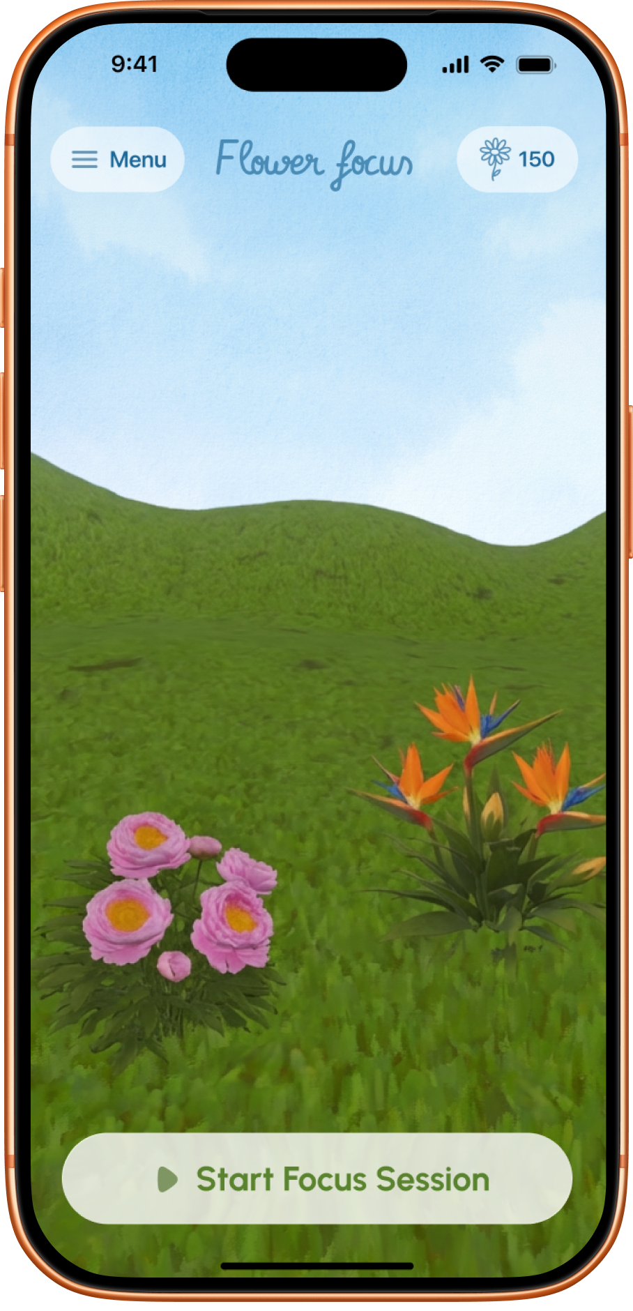 Mobile app screen showing hibiscus flower plant in pot during Pomodoro break pause, with 10-minute timer to resume growth